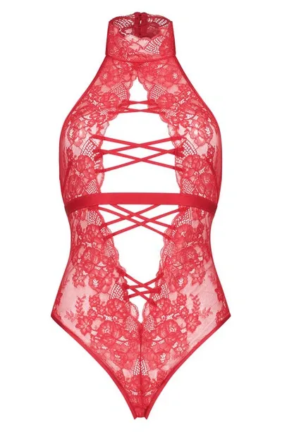 Hunkemoller Melissa Halter Neck Lace Teddy In Tango Red