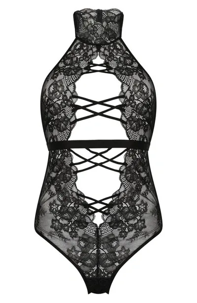 Hunkemoller Melissa Halter Neck Lace Teddy In Caviar