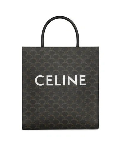 Celine Medium Vertical Cabas Bag In Triomphe Canvas With  Print In Brown