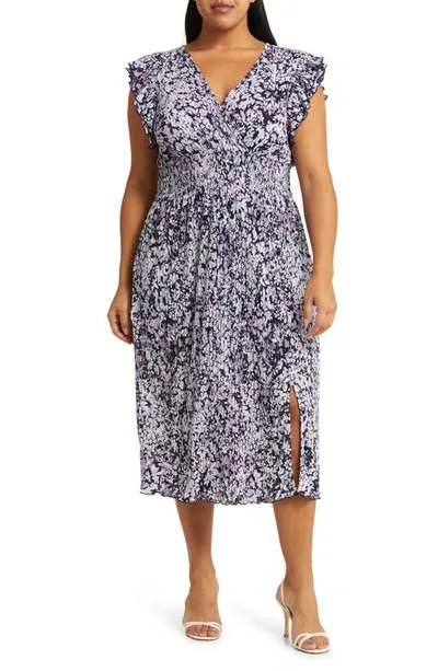 Chelsea28 Flutter Plissé Midi Dress In Navy Emile Floral