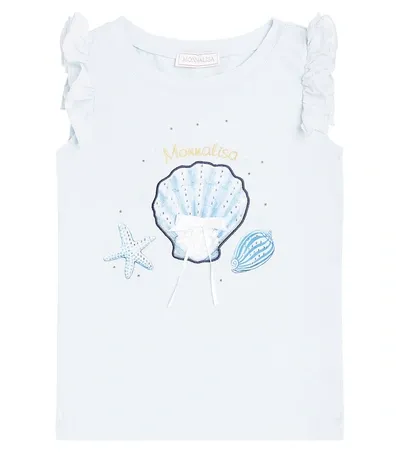 Monnalisa Kids' Printed Ruffled Cotton Jersey Top In Blue