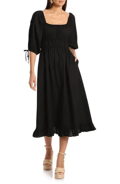 Avec Les Filles Ruched Bodice Linen Blend Midi Dress In Black