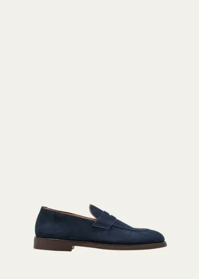 Brunello Cucinelli Leather-trimmed Suede Penny Loafers In Blue