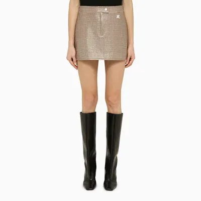 Courrèges Brown And Black Checkered Plaid Mini Skirt With Front Zipper And Logo Detail