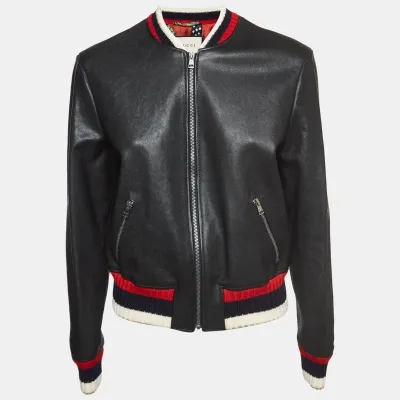 Pre-owned Gucci Black Blind For Love Embroidered Leather Bomber Jacket L