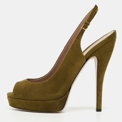 Pre-owned Gucci Green Suede Sofia Slingback Platform Pumps Size 38.5