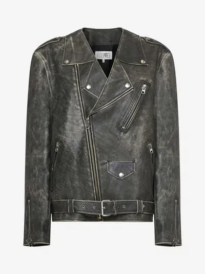 Mm6 Maison Margiela Leather Biker-style Jacket In Brown