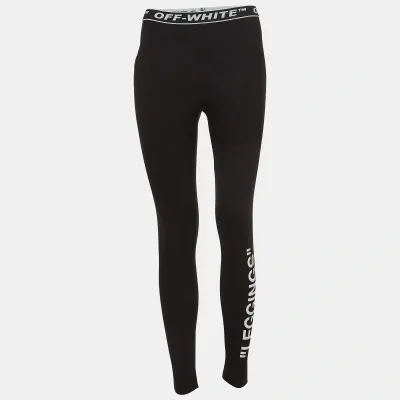 Pre-owned Off-white Black Logo Print Stretch Knit Leggings Xs