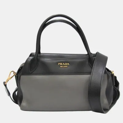 Pre-owned Prada Black/gray Calf Leather City Bowling Ribbon Bag