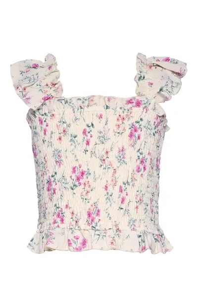 Truly Me Kids' Smocked Cap Sleeve Top In Ivory Multi