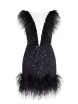 Milla Dramatic Cocktail Dress On Straps Decorated With Sequins And Feathers In Black