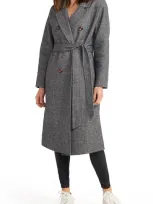 Belle & Bloom Standing Still Belted Double Breasted Wool Blend Coat In Charcoal