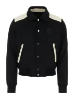 Amiri Wool-nylon Blend Jacket With Contrast Paneling And Embroidered Detail In Black