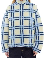 Bdg Urban Outfitters Check Print Fleece Quarter Zip In Ecru Blue