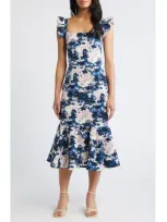 Chelsea28 Ruffle Sleeve Midi Dress In Ivory- Navy Abstracted Garden