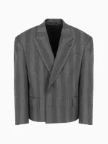 Emporio Armani Short Single-breasted Blazer In Compact Virgin Wool With Chevron Stripes In Gray