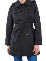 London Fog Hooded Double Breasted Cotton Blend Trench Coat In Black