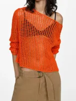 Mango Openwork Sweater In Orange