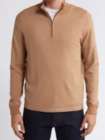 Nordstrom Quarter Zip Long Sleeve Cotton & Silk T-shirt In Brown Bear- Oatmeal Stripe