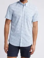 Nordstrom Trim Fit Floral Short Sleeve Stretch Cotton & Linen Button-down Shirt In White- Blue Micro Ditsy