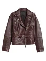 Paige Cento Belted Leather Moto Jacket In Dark Oxblood