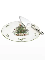 Spode Christmas Tree Cake Plate & Server Set In Green