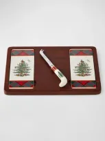 Spode Christmas Tree Tartan Cheese Board & Knife Set In Green