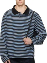 Still Kelly Black & Blue Striped Sweatshirt Polo In Black / White / Blue