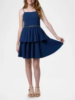 Un Deux Trois Kids' Girl's Tiered Dress W/ Embellished Belt In Blue