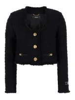 Versace Black Crop Jacket With Jewel Buttons In Tweed Woman