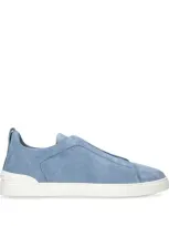 Zegna Suede Triple Stitch Sneakers In Blue