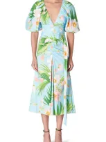 Carolina Herrera Floral-print Ruched Front Midi Dress With Belted Waist In Aquamarine Multi